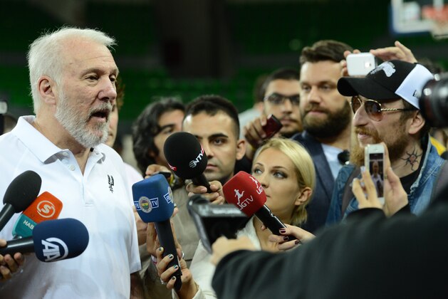ISTANBUL, TURKEY - OCTOBER 10: Head Coach Gregg Popovich of the San Antonio Spurs talks to the media during practice as part of the NBA Global Games on October 10, 2014 at the Darussafaka Practice Facility in Istanbul, Turkey. NOTE TO USER: User expressly acknowledges and agrees that, by downloading and or using this Photograph, user is consenting to the terms and conditions of the Getty Images License Agreement. Mandatory Copyright Notice: Copyright 2014 NBAE (Photo by Garrett Ellwood/NBAE via Getty Images) ISTANBUL, TURKEY - OCTOBER 10: Head Coach Gregg Popovich of the San Antonio Spurs talks to the media during practice as part of the NBA Global Games on October 10, 2014 at the Darussafaka Practice Facility in Istanbul, Turkey. NOTE TO USER: User expressly acknowledges and agrees that, by downloading and or using this Photograph, user is consenting to the terms and conditions of the Getty Images License Agreement. Mandatory Copyright Notice: Copyright 2014 NBAE (Photo by Garrett Ellwood/NBAE via Getty Images)