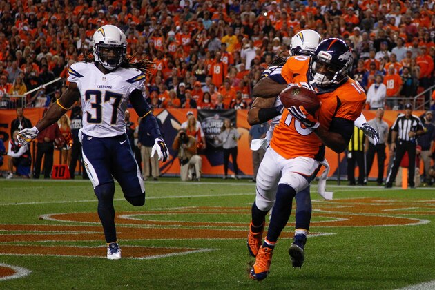 DENVER, CO - OCTOBER 23:  Wide receiver Emmanuel Sanders #10 of the Denver Broncos has a 2-yard second quarter touchdown catch as defensive back Jahleel Addae #37 of the San Diego Chargers defends during a game at Sports Authority Field at Mile High on October 23, 2014 in Denver, Colorado.  (Photo by Doug Pensinger/Getty Images)