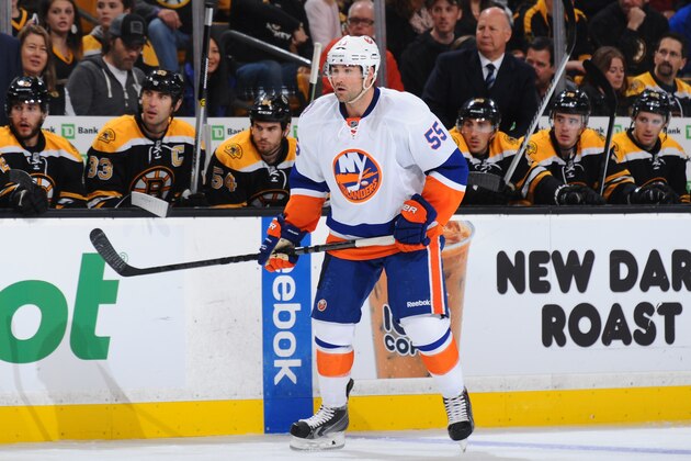 BOSTON, MA - OCTOBER 23 : Johnny Boychuk #55 of the New York Islanders watches the play against the Boston Bruins at the TD Garden on October 23, 2014 in Boston, Massachusetts. (Photo by Steve Babineau/NHLI via Getty Images)