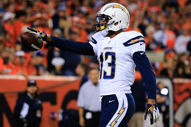 DENVER, CO - OCTOBER 23:  Wide receiver Keenan Allen #13 of the San Diego Chargers celebrates after catching a 2-yard second quarter touchdown pass against the Denver Broncos during a game at Sports Authority Field at Mile High on October 23, 2014 in Denver, Colorado.  (Photo by Doug Pensinger/Getty Images)