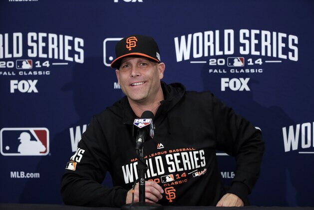 San Francisco Giants pitcher Tim Hudson answers questions during a news conference on Thursday, Oct. 23, 2014, in San Francisco. The Giants are scheduled to play the Kansas City Royals in Game 3 of baseball's World Series in San Francisco on Friday. (AP Photo/Marcio Jose Sanchez)