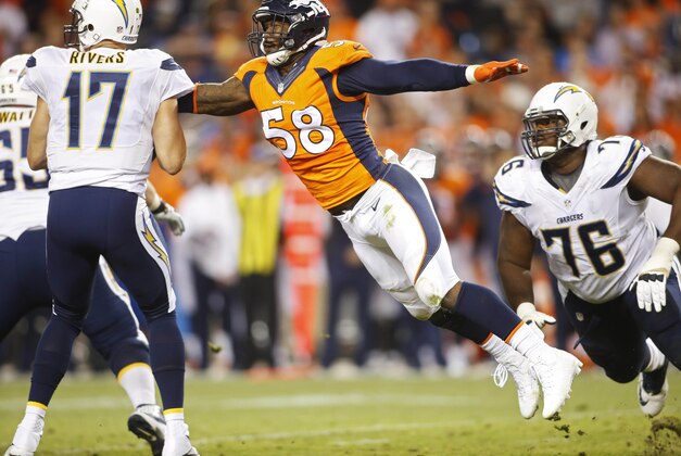 Oct 23, 2014; Denver, CO, USA; Denver Broncos outside linebacker Von Miller (58) sacks San Diego Chargers quarterback Philip Rivers (17) during the first half at Sports Authority Field at Mile High. Mandatory Credit: Chris Humphreys-USA TODAY Sports Oct 23, 2014; Denver, CO, USA; Denver Broncos outside linebacker Von Miller (58) sacks San Diego Chargers quarterback Philip Rivers (17) during the first half at Sports Authority Field at Mile High. Mandatory Credit: Chris Humphreys-USA TODAY Sports