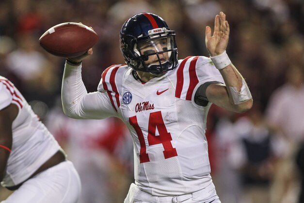 Oct 11, 2014; College Station, TX, USA; Mississippi Rebels quarterback Bo Wallace (14) attempts a pass during the third quarter against the Texas A&M Aggies at Kyle Field. Mandatory Credit: Troy Taormina-USA TODAY Sports