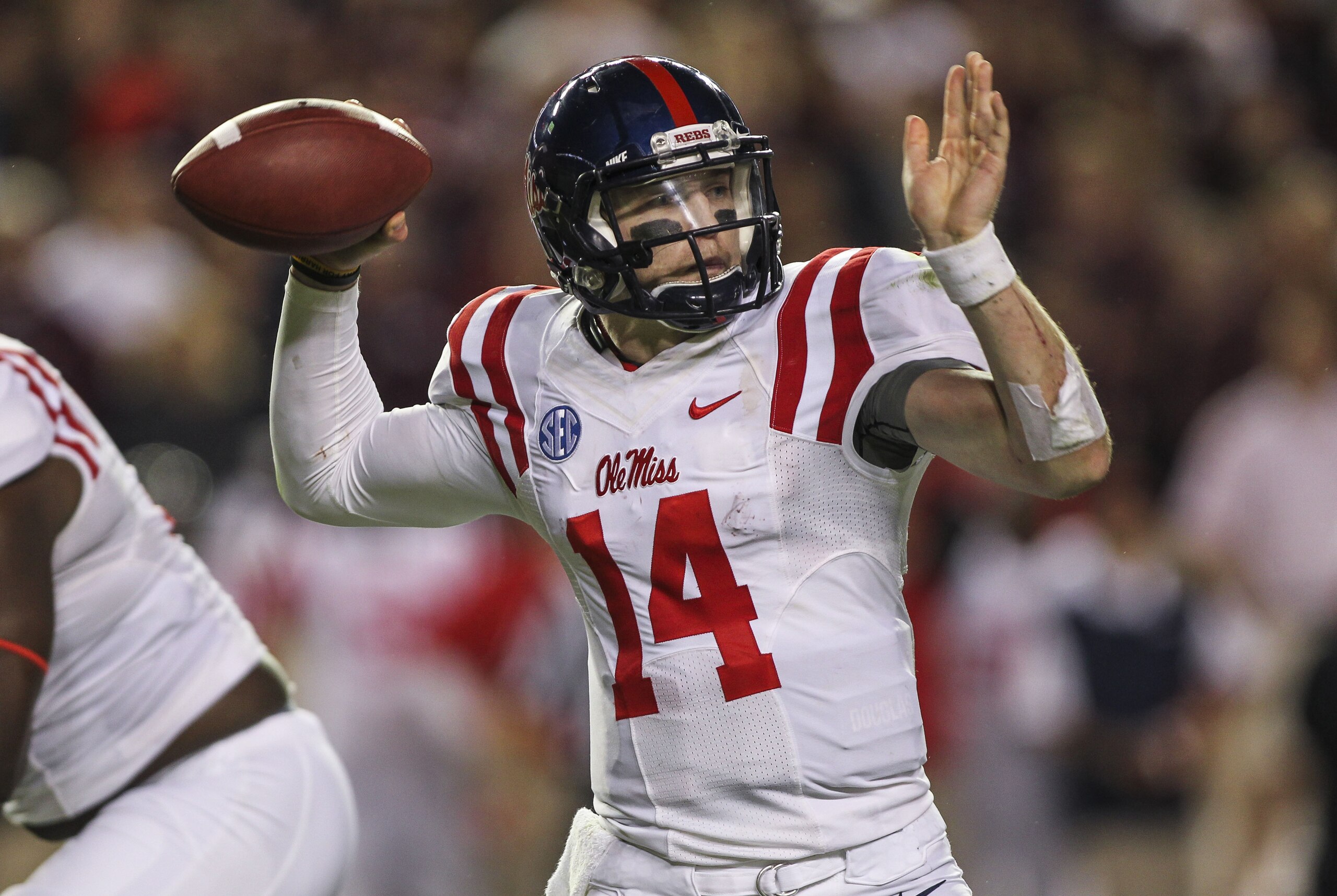 Oct 11, 2014; College Station, TX, USA; Mississippi Rebels quarterback Bo Wallace (14) attempts a pass during the third quarter against the Texas A&M Aggies at Kyle Field. Mandatory Credit: Troy Taormina-USA TODAY Sports Oct 11, 2014; College Station, TX, USA; Mississippi Rebels quarterback Bo Wallace (14) attempts a pass during the third quarter against the Texas A&M Aggies at Kyle Field. Mandatory Credit: Troy Taormina-USA TODAY Sports