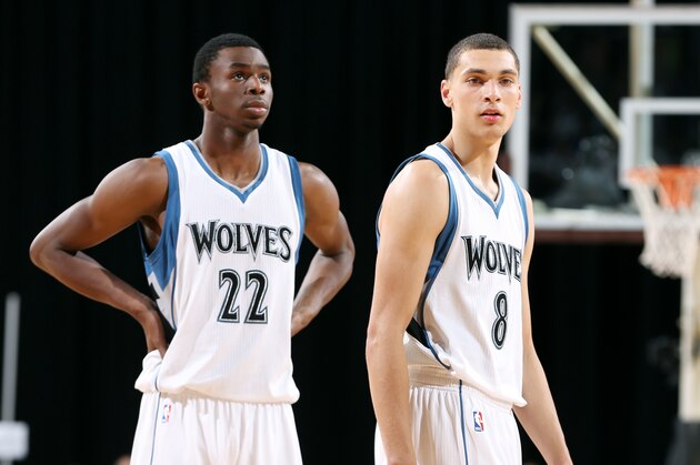 MINNEAPOLIS, MN - OCTOBER 17: Andrew Wiggins #22 and Zach LaVine #8 of the Minnesota Timberwolves stand on the court during a game against the Milwaukee Bucks on October 17, 2014 at U.S. Cellular Center in Cedar Rapids, Iowa. NOTE TO USER: User expressly acknowledges and agrees that, by downloading and or using this Photograph, user is consenting to the terms and conditions of the Getty Images License Agreement. Mandatory Copyright Notice: Copyright 2014 NBAE (Photo by David Sherman/NBAE via Getty Images)