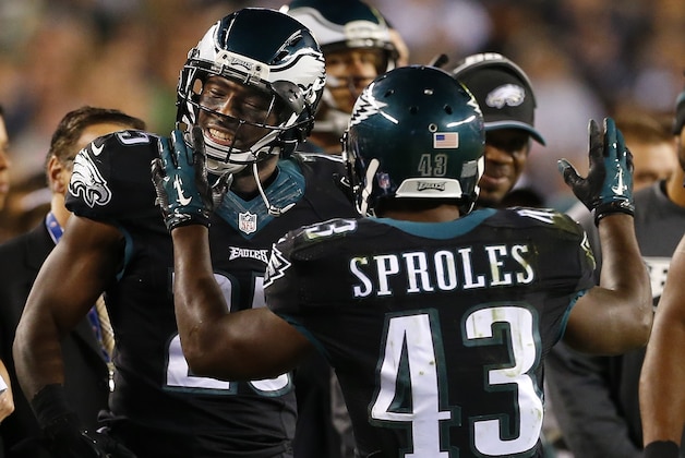 PHILADELPHIA, PA - OCTOBER 12: Darren Sproles #43 of the Philadelphia Eagles celebrates with teammate LeSean McCoy #25 after scoring a touchdown against the New York Giants during the third quarter of a football game at Lincoln Financial Field on October 12, 2014 in Philadelphia, Pennsylvania. The eagles defeated the Giants 27-0. (Photo by Rich Schultz /Getty Images)