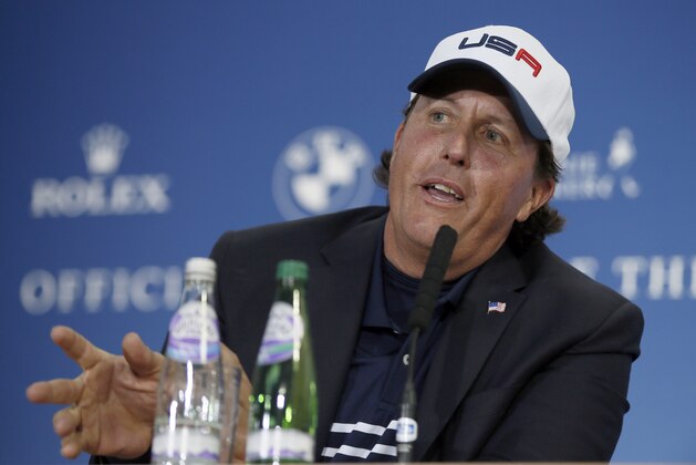 Phil Mickelson of the US speaks during a press conference after Europe won the 2014 Ryder Cup golf tournament at Gleneagles, Scotland, Sunday, Sept. 28, 2014. (AP Photo/Alastair Grant)