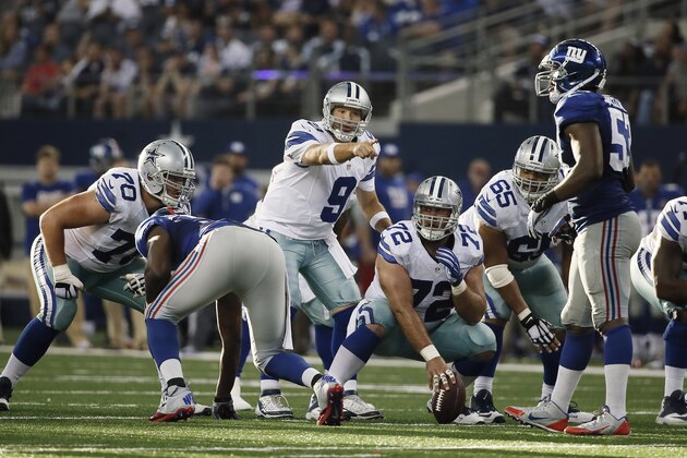 Dallas Cowboys quarterback Tony Romo (9) points out a New York Giants defender during the second half of an NFL football game, Sunday, Oct. 19, 2014, in Arlington, Texas. (AP Photo/Brandon Wade) Dallas Cowboys quarterback Tony Romo (9) points out a New York Giants defender during the second half of an NFL football game, Sunday, Oct. 19, 2014, in Arlington, Texas. (AP Photo/Brandon Wade)