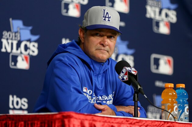 ST LOUIS, MO - OCTOBER 18:  Manager Don Mattingly #8 of the Los Angeles Dodgers answers questions before Game Six of the National League Championship Series against the St. Louis Cardinals at Busch Stadium on October 18, 2013 in St Louis, Missouri.  (Photo by Elsa/Getty Images)