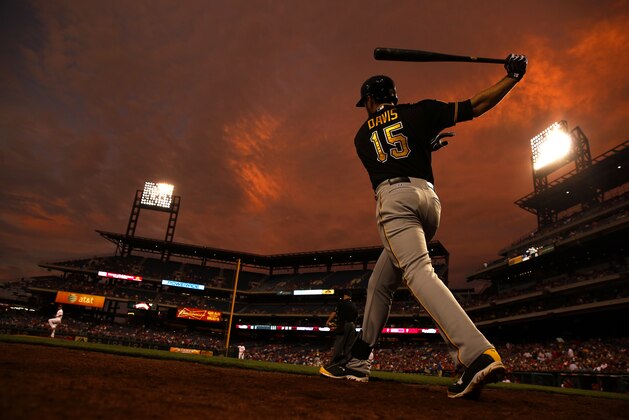 Pittsburgh Pirates' Ike Davis warms up during a baseball game against the Philadelphia Phillies, Monday, Sept. 8, 2014, in Philadelphia. (AP Photo/Matt Slocum)