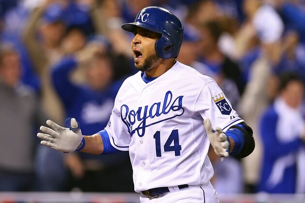 KANSAS CITY, MO - OCTOBER 22: Omar Infante #14 of the Kansas City Royals celebrates after hitting a two-run home run in the sixth inning against the San Francisco Giants during Game Two of the 2014 World Series at Kauffman Stadium on October 22, 2014 in Kansas City, Missouri.  (Photo by Elsa/Getty Images)