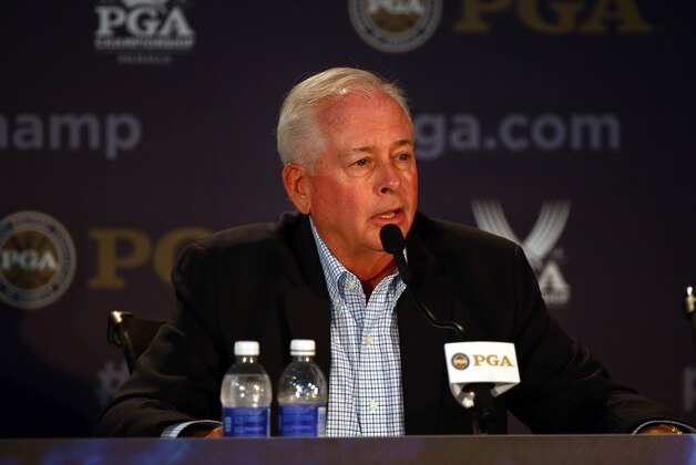 LOUISVILLE, KY - AUGUST 06:  President of The PGA of America Ted Bishop speaks with the media during a practice round prior to the start of the 96th PGA Championship at Valhalla Golf Club on August 6, 2014 in Louisville, Kentucky.  (Photo by Andy Lyons/Getty Images)