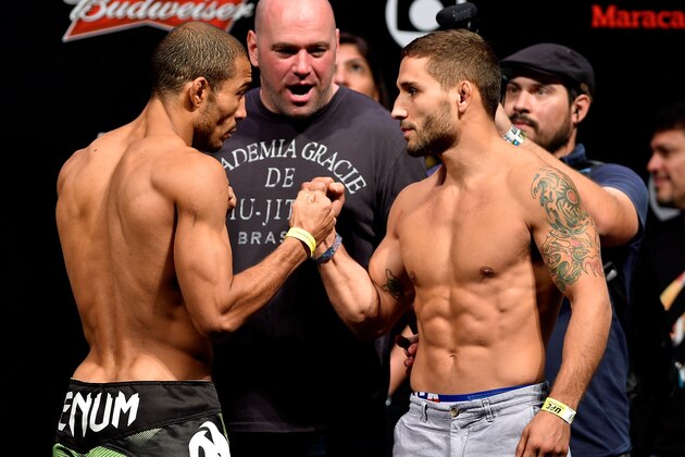 RIO DE JANEIRO, BRAZIL - OCTOBER 24:  (L-R) Opponents Jose Aldo of Brazil and Chad Mendes of USA face off during the UFC 179 weigh-in  at Maracanazinho on October 24, 2014 in Rio de Janeiro, Brazil.  (Photo by Buda Mendes/Getty Images)
