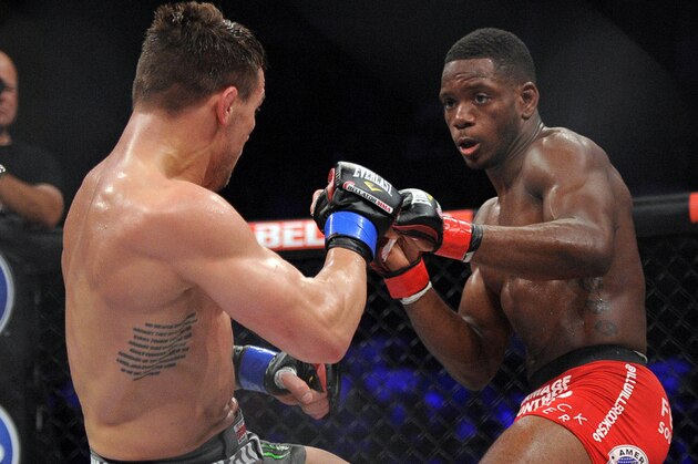 May 17, 2014; Southaven, MS, USA; Will Brooks fights against Michael Chandler during a Bellator interim lightweight world championship bout during BFC 120 at Landers Center. Will Brooks defeats Michael Chandler by submission. Mandatory Credit: Justin Ford-USA TODAY Sports