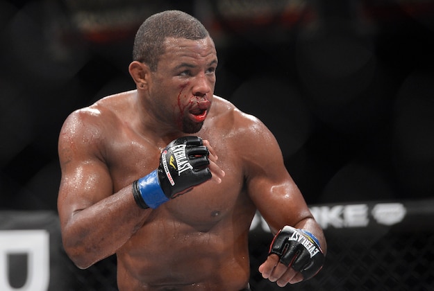 Nov 2, 2013; Long Beach, CA, USA;   Emanuel Newton (blue gloves) during his Bellator Interim Light Heavyweight World Title Fight against Muhammed Lawal (not pictured) at the Long Beach Arena.  Newton won. Mandatory Credit: Jayne Kamin-Oncea-USA TODAY Sports