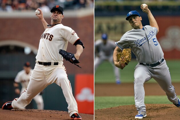 FILE - At left, in an Oct. 15, 2014, file photo, San Francisco Giants' Ryan Vogelsong throws against the St. Louis Cardinals during the first inning of Game 4 of the National League baseball championship series in San Francisco. At right, in a July 8, 2014, file photo, Kansas City Royals' Jason Vargas pitches against the Tampa Bay Rays during the first inning of a baseball game in St. Petersburg, Fla. Vargas faces Vogelsong in Game 4 of baseball's World Series Saturday night, Oct. 25, 2014, in San Francisco. (AP Photo/File) FILE - At left, in an Oct. 15, 2014, file photo, San Francisco Giants' Ryan Vogelsong throws against the St. Louis Cardinals during the first inning of Game 4 of the National League baseball championship series in San Francisco. At right, in a July 8, 2014, file photo, Kansas City Royals' Jason Vargas pitches against the Tampa Bay Rays during the first inning of a baseball game in St. Petersburg, Fla. Vargas faces Vogelsong in Game 4 of baseball's World Series Saturday night, Oct. 25, 2014, in San Francisco. (AP Photo/File)