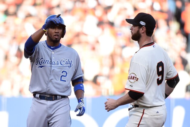 Oct 24, 2014; San Francisco, CA, USA; Kansas City Royals shortstop Alcides Escobar (2) reacts after hitting a leadoff double against the San Francisco Giants in the first inning during game three of the 2014 World Series at AT&T Park. Mandatory Credit: Kyle Terada-USA TODAY Sports