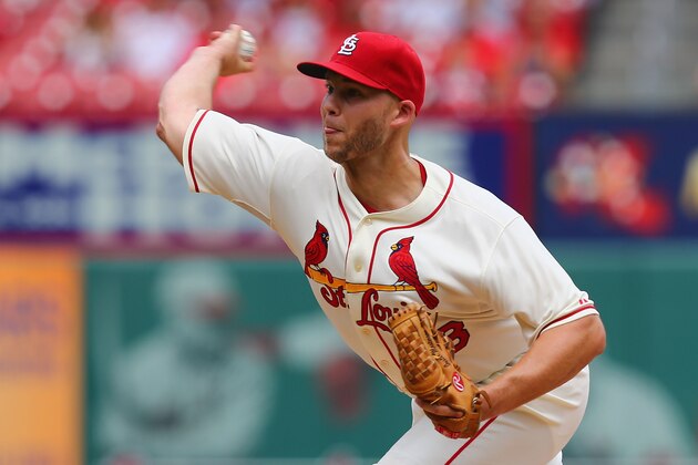 ST. LOUIS, MO - AUGUST 30: Starter Justin Masterson #63 of the St. Louis Cardinals pitches against the Chicago Cubs in the first inning at Busch Stadium on August 30, 2014 in St. Louis, Missouri.  (Photo by Dilip Vishwanat/Getty Images)