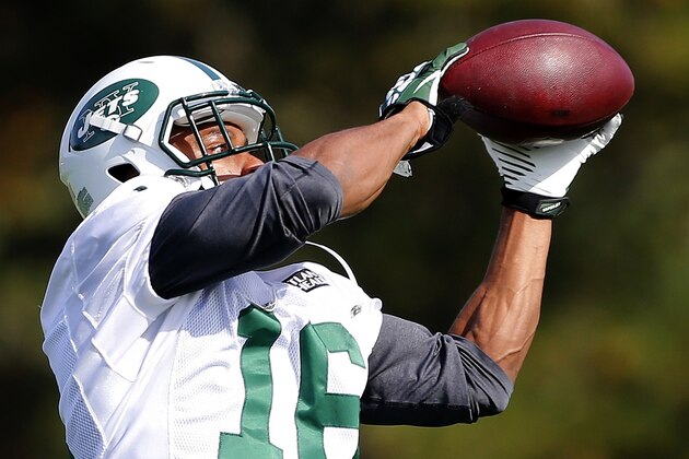 New York Jets wide receiver Percy Harvin (16) works out for the first time since his trade from Seattle during NFL football practice in Florham Park, N.J., Monday, Oct. 20, 2014. (AP Photo/Rich Schultz)