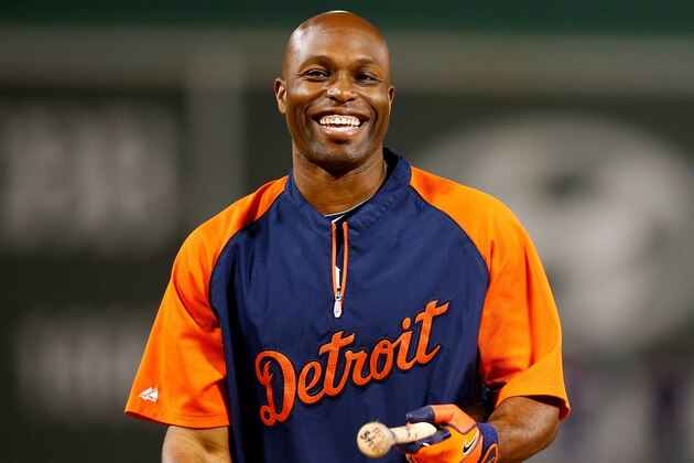 BOSTON, MA - OCTOBER 13:  Torii Hunter #48 of the Detroit Tigers laughs prior to Game Two of the American League Championship Series against the Boston Red Sox at Fenway Park on October 13, 2013 in Boston, Massachusetts.  (Photo by Jared Wickerham/Getty Images)