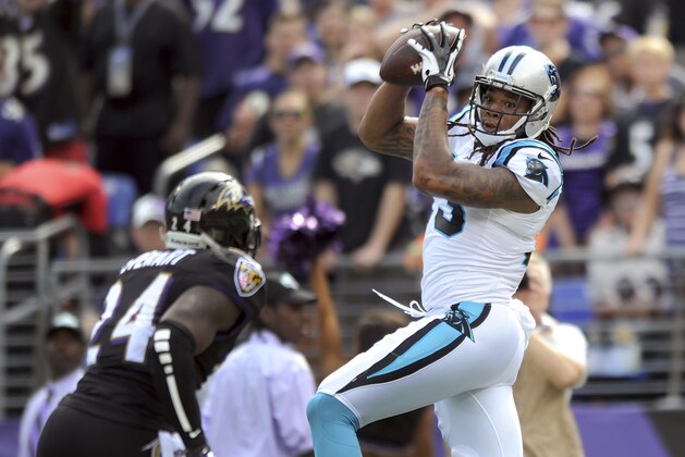Carolina Panthers wide receiver Kelvin Benjamin (13) pulls in a touchdown pass in front of Baltimore Ravens free safety Darian Stewart (24) during the first half of an NFL football game in Baltimore, Sunday, Sept. 28, 2014. (AP Photo/Gail Burton) Carolina Panthers wide receiver Kelvin Benjamin (13) pulls in a touchdown pass in front of Baltimore Ravens free safety Darian Stewart (24) during the first half of an NFL football game in Baltimore, Sunday, Sept. 28, 2014. (AP Photo/Gail Burton)