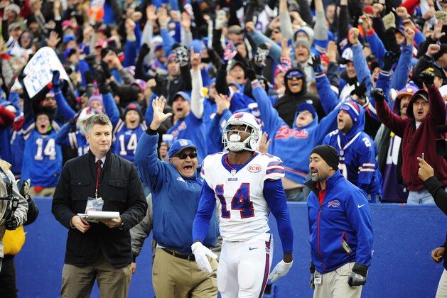 Buffalo Bills wide receiver Sammy Watkins (14) reacts after catching a pass for a touchdown to tie the game during the second half of an NFL football game against the Minnesota Vikings, Sunday, Oct. 19, 2014, in Orchard Park, N.Y.  The Bills won the game 17-16. (AP Photo/Gary Wiepert)