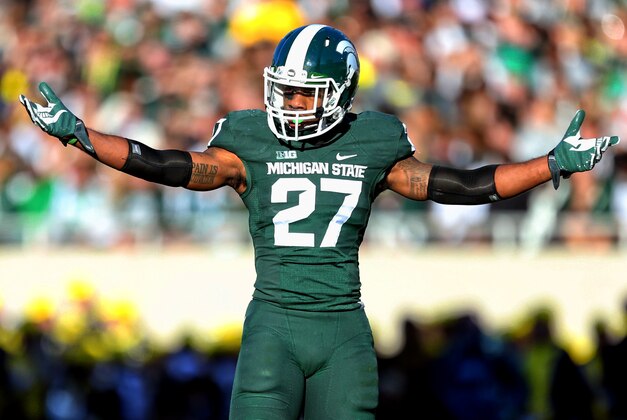 Oct 25, 2014; East Lansing, MI, USA; Michigan State Spartans safety Kurtis Drummond (27) gestures to crowd during the first half of a game at Spartan Stadium. Mandatory Credit: Mike Carter-USA TODAY Sports