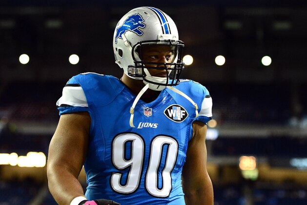 Oct 5, 2014; Detroit, MI, USA; Detroit Lions defensive tackle Ndamukong Suh (90) prior to the game against the Buffalo Bills at Ford Field. Mandatory Credit: Andrew Weber-USA TODAY Sports