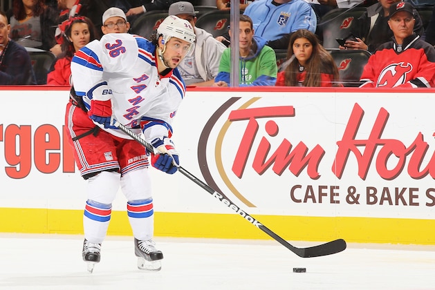 NEWARK, NJ - OCTOBER 21:  Mats Zuccarello #36 of the New York Rangers in action against the New Jersey Devils during their game  at the Prudential Center on October 21, 2014 in Newark, New Jersey.  (Photo by Al Bello/Getty Images)