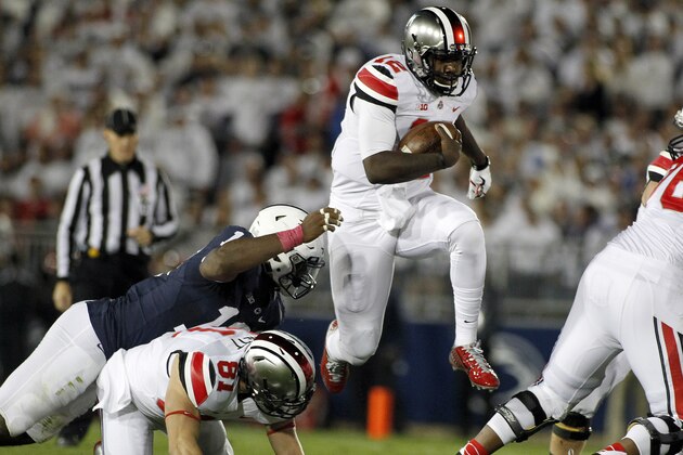 STATE COLLEGE, PA - OCTOBER 25: J.T. Barrett #16 of the Ohio State Buckeyes rushes in the second half against the Penn State Nittany Lions during the game on October 25, 2014 at Beaver Stadium in State College, Pennsylvania. Ohio State defeated Penn State 31-24 in two overtimes. (Photo by Justin K. Aller/Getty Images) STATE COLLEGE, PA - OCTOBER 25: J.T. Barrett #16 of the Ohio State Buckeyes rushes in the second half against the Penn State Nittany Lions during the game on October 25, 2014 at Beaver Stadium in State College, Pennsylvania. Ohio State defeated Penn State 31-24 in two overtimes. (Photo by Justin K. Aller/Getty Images)