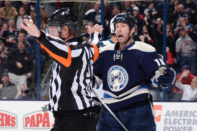 COLUMBUS, OH - MARCH 13:  R.J. Umberger #18 of the Columbus Blue Jackets reacts after referee Dean Morton #36 waves off a goal during the third period of a game against the San Jose Sharks on March 13, 2014 at Nationwide Arena in Columbus, Ohio. San Jose defeated Columbus 4-3 in a shootout. (Photo by Jamie Sabau/NHLI via Getty Images)
