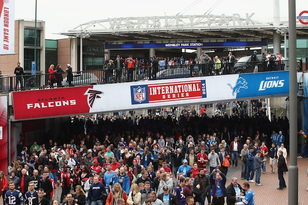 LONDON, ENGLAND - OCTOBER 26:  NFL fans make their way up Olympic Way from Wembley Park tube station during the NFL match between Detroit Lions and  Atlanta Falcons at Wembley Stadium on October 26, 2014 in London, England.  (Photo by Jordan Mansfield/Getty Images)