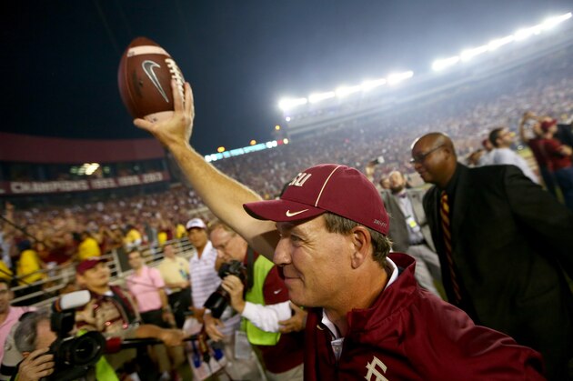 TALLAHASSEE, FL - OCTOBER 18:  Head coach Jimbo Fisher of the Florida State Seminoles celebrates after defeating the Notre Dame Fighting Irish 31-27 at Doak Campbell Stadium on October 18, 2014 in Tallahassee, Florida.  (Photo by Streeter Lecka/Getty Images)