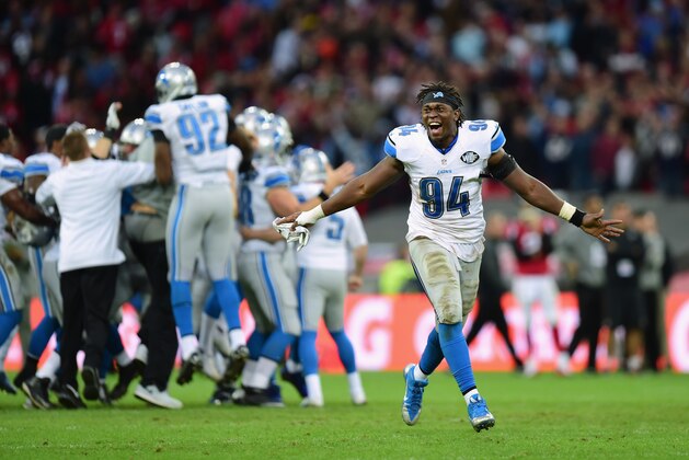 LONDON, ENGLAND - OCTOBER 26:  Ezekiel Ansah #94 of the Detroit Lions celebrates victory during the NFL match between Detroit Lions and  Atlanta Falcons at Wembley Stadium on October 26, 2014 in London, England.  (Photo by Jamie McDonald/Getty Images)