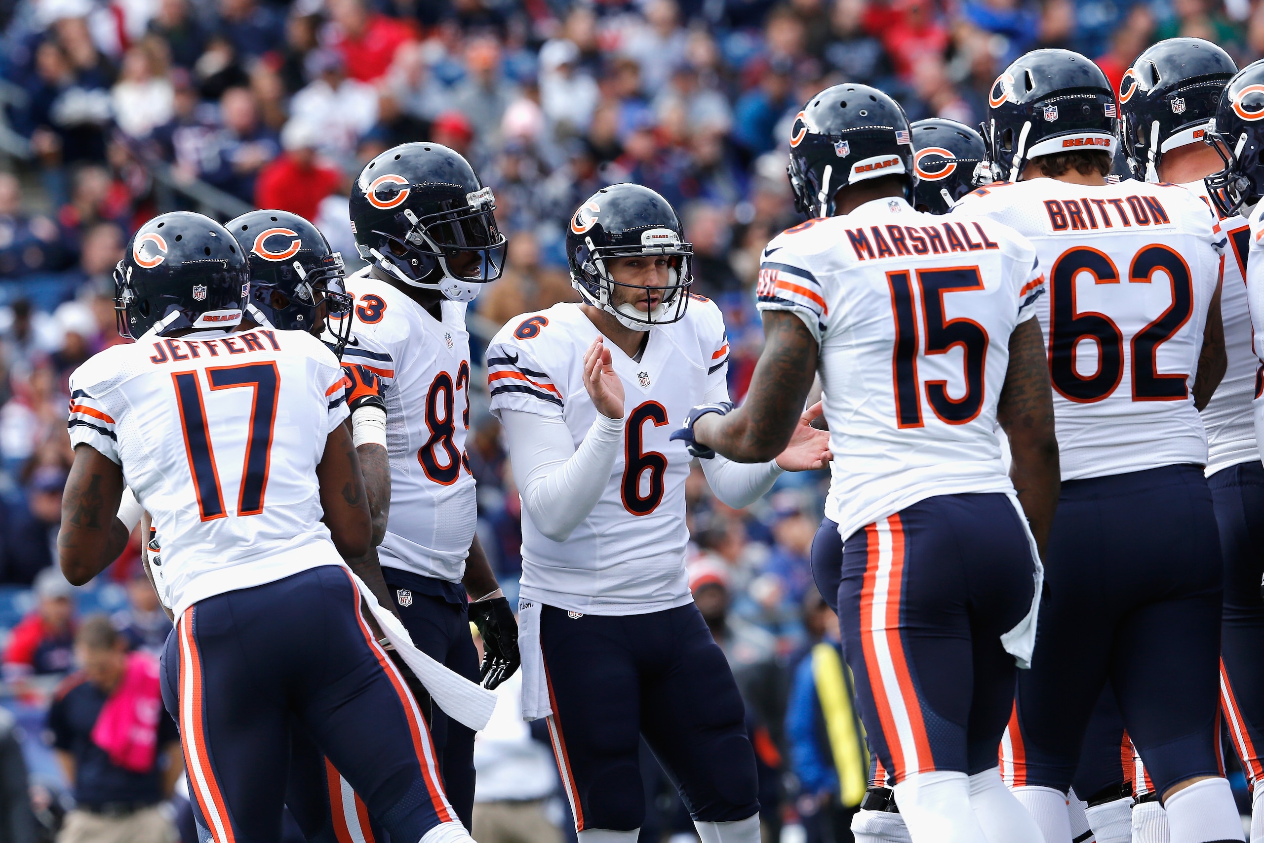 FOXBORO, MA - OCTOBER 26: Jay Cutler #6 of the Chicago Bears in the huddle during the first quarter of a game against the New England Patriots at Gillette Stadium on October 26, 2014 in Foxboro, Massachusetts. (Photo by Jim Rogash/Getty Images) FOXBORO, MA - OCTOBER 26: Jay Cutler #6 of the Chicago Bears in the huddle during the first quarter of a game against the New England Patriots at Gillette Stadium on October 26, 2014 in Foxboro, Massachusetts. (Photo by Jim Rogash/Getty Images)