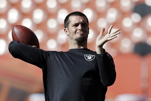 Oakland Raiders quarterback Derek Carr warms up early before an NFL football game against the Cleveland Browns Sunday, Oct. 26, 2014, in Cleveland. (AP Photo/Tony Dejak)