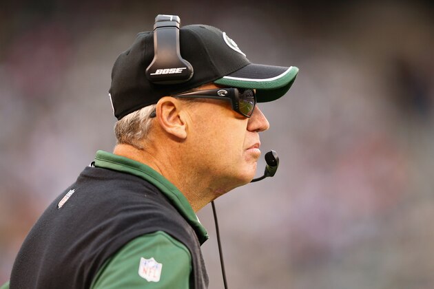 EAST RUTHERFORD, NJ - OCTOBER 26:  Head coach Rex Ryan of the New York Jets looks on against the Buffalo Bills in the third quarter at MetLife Stadium on October 26, 2014 in East Rutherford, New Jersey.  (Photo by Al Bello/Getty Images)
