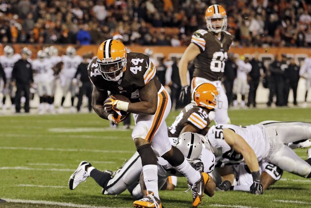 Cleveland Browns running back Ben Tate (44) runs in for a touchdown against the Oakland Raiders in the fourth quarter of an NFL football game Sunday, Oct. 26, 2014, in Cleveland. (AP Photo/Tony Dejak)