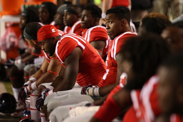 BATON ROUGE, LA - OCTOBER 25:  Members of the Mississippi Rebels watch the last few minutes of a 10-7 loss to LSU Tigers at Tiger Stadium on October 25, 2014 in Baton Rouge, Louisiana.  (Photo by Chris Graythen/Getty Images)