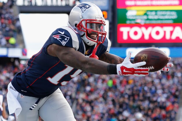 FOXBORO, MA - OCTOBER 26:  Brandon LaFell #19 of the New England Patriots reacts after catching a touchdown pass during the second quarter against the Chicago Bears at Gillette Stadium on October 26, 2014 in Foxboro, Massachusetts.  (Photo by Jim Rogash/Getty Images)