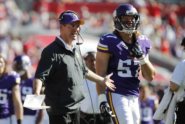 Oct 26, 2014; Tampa, FL, USA; Minnesota Vikings head coach Mike Zimmer reacts against the Tampa Bay Buccaneers during the second half at Raymond James Stadium. Minnesota Vikings defeated the Tampa Bay Buccaneers 19-13. Mandatory Credit: Kim Klement-USA TODAY Sports