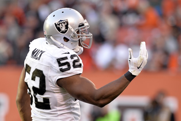 Oakland Raiders linebacker Khalil Mack taunts fans in the Dawg Pound in the second quarter of an NFL football game against the Cleveland Browns Sunday, Oct. 26, 2014, in Cleveland. (AP Photo/David Richard)