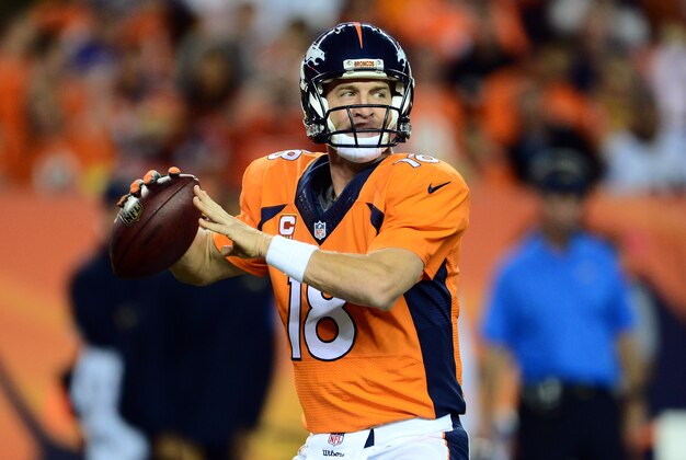 Oct 23, 2014; Denver, CO, USA; Denver Broncos quarterback Peyton Manning (18) prepares to pass in the first quarter against the San Diego Chargers at Sports Authority Field at Mile High. Mandatory Credit: Ron Chenoy-USA TODAY Sports