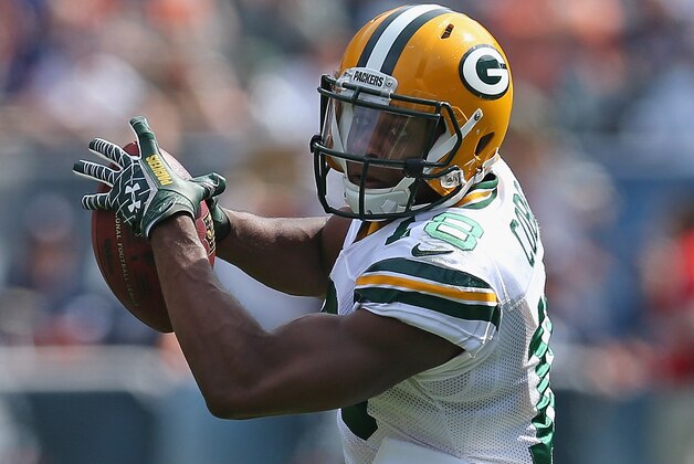 CHICAGO, IL - SEPTEMBER 28: Randall Cobb #18 of the Green Bay Packers catches a pass against the Chicago Bears at Soldier Field on September 28, 2014 in Chicago, Illinois. The Packers defeated the Bears 38-17. (Photo by Jonathan Daniel/Getty Images)