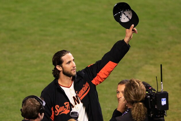 SAN FRANCISCO, CA - OCTOBER 26: Madison Bumgarner #40 of the San Francisco Giants acknowledges the crowd after defeating the Kansas City Royals 5-0 in Game Five of the 2014 World Series at AT&T Park on October 26, 2014 in San Francisco, California.  (Photo by Jamie Squire/Getty Images)