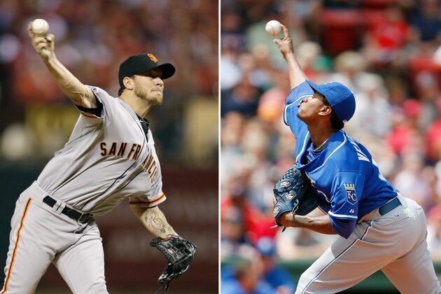 FILE - At left, in an Oct. 12, 2014, file photo, San Francisco Giants' Jake Peavy throws during the second inning in Game 2 of the National League baseball championship series against the St. Louis Cardinals in St. Louis. At right, in a July 20, 2014, file photo, Kansas City Royals' Yordano Ventura pitches during the first inning of a baseball game against the Boston Red Sox in Boston. The Giants try to take a 2-0 lead in the World Series when Jake Peavy starts against Kansas City rookie Yordano Ventura, Wednesday, Oct. 22, 2014, in Kansas City, Mo.  (AP Photo/File)
