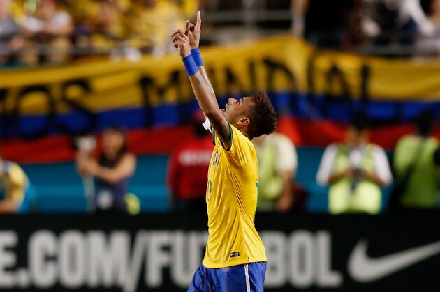 Sep 5, 2014; Miami Gardens, FL, USA;  Brazil player Neymar Junior reacted after his goal in the second half against Columbia at Sun Life Stadium. Mandatory Credit: Robert Mayer-USA TODAY Sports