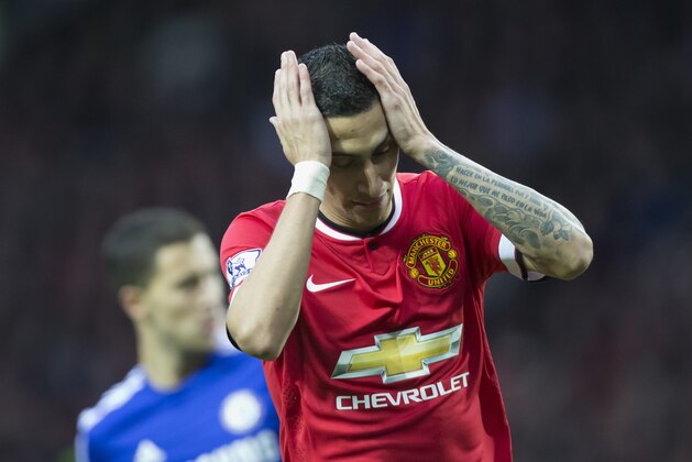 Manchester United's Angel Di Maria reacts after a missed opportunity during his team's English Premier League soccer match between Manchester United and Chelsea at Old Trafford Stadium, Manchester, England, Sunday Oct. 26, 2014. (AP Photo/Jon Super)