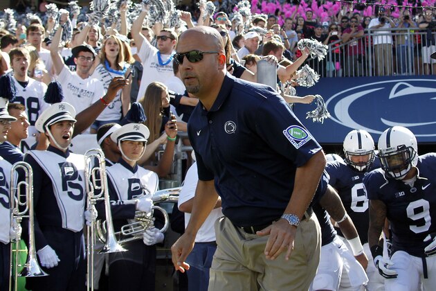 STATE COLLEGE, PA - SEPTEMBER 27:  James Franklin takes the field with the Penn State Nittany Lions against the Northwestern Wildcats at Beaver Stadium on September 27, 2014 in State College, Pennsylvania.  (Photo by Justin K. Aller/Getty Images)