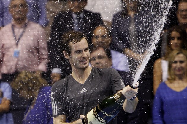 Andy Murray celebrates after his victory against Tommy Robredro from Spain during the final match at ATP 500 World Tour Valencia Open tennis tournament at the agora building of the Ciudad de las Artes y las Ciencias in Valencia, Spain, Sunday, Oct. 26, 2014. (AP Photo/Alberto Saiz)